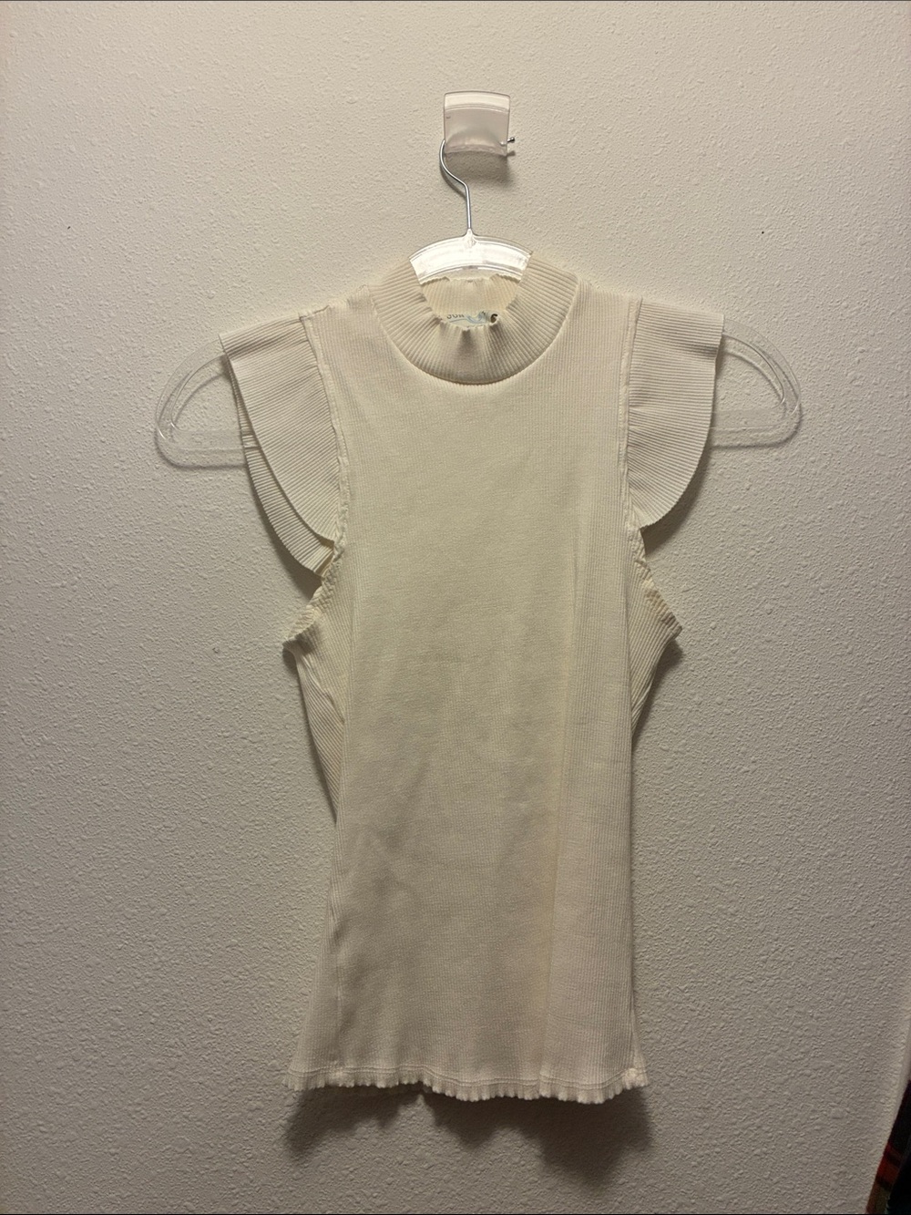 Ribbed Mock Neck Sleeveless Top with Ruffle Shoulders - Cream